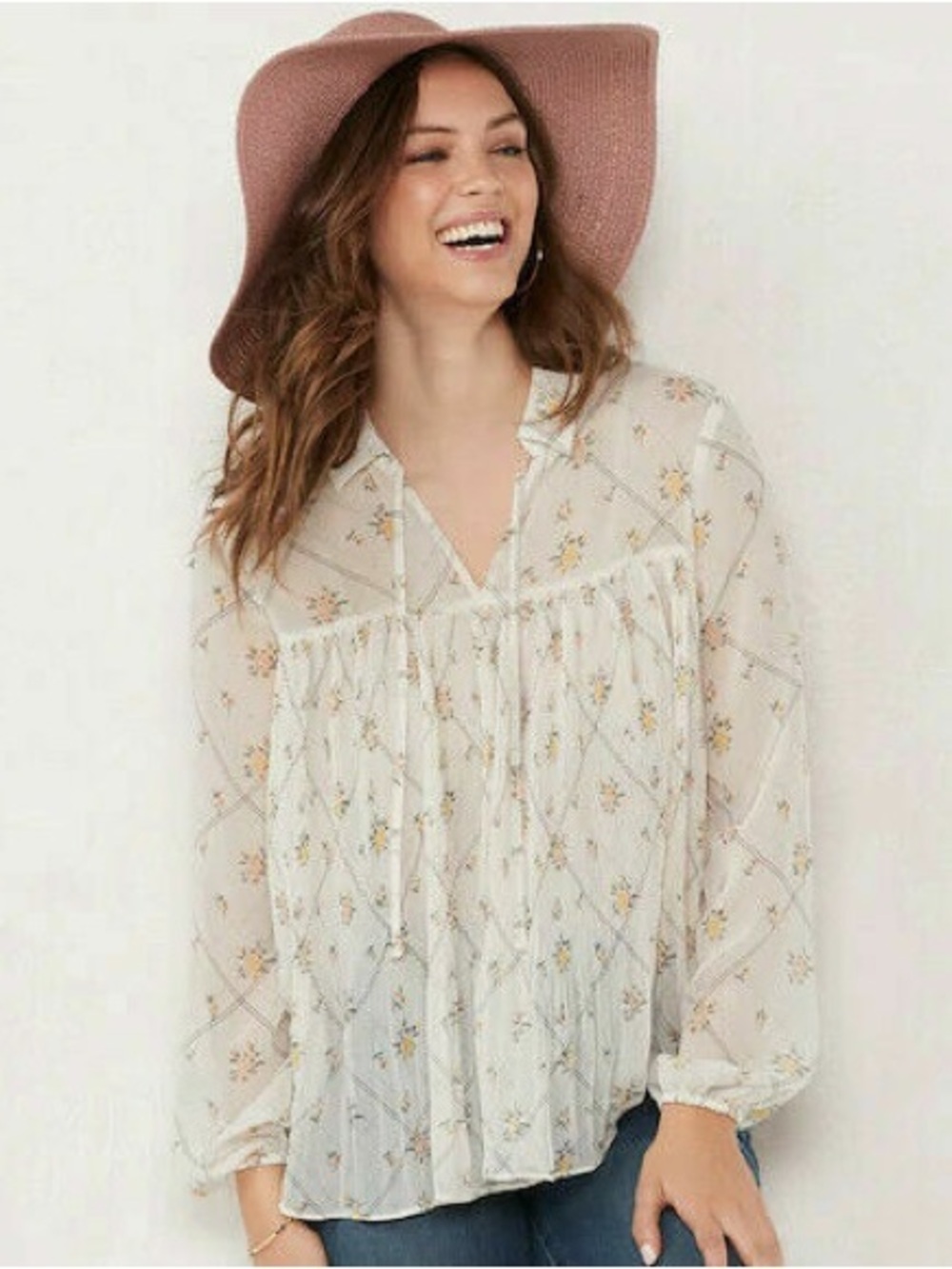 Lauren Conrad Floral Longsleeve Pleated-Peasant Babydoll Blouse Antique White